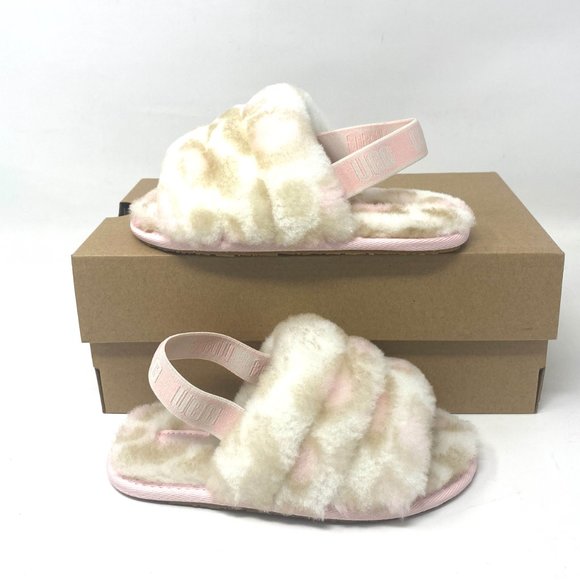 UGG Kids Size 11T 1123641T WHT FLUFF YEAH SLIDE PANTHER PRINT Sandal White Beige - Picture 3 of 9